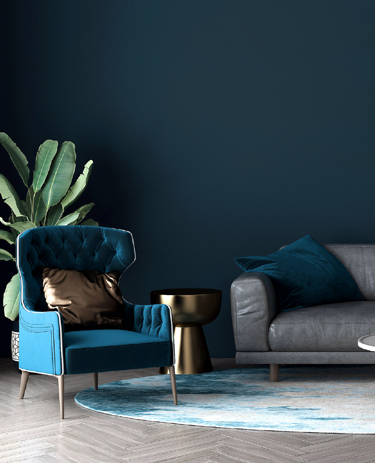 Wohnzimmer mit Couch, Sessel und Pflanzen für Smartphone
