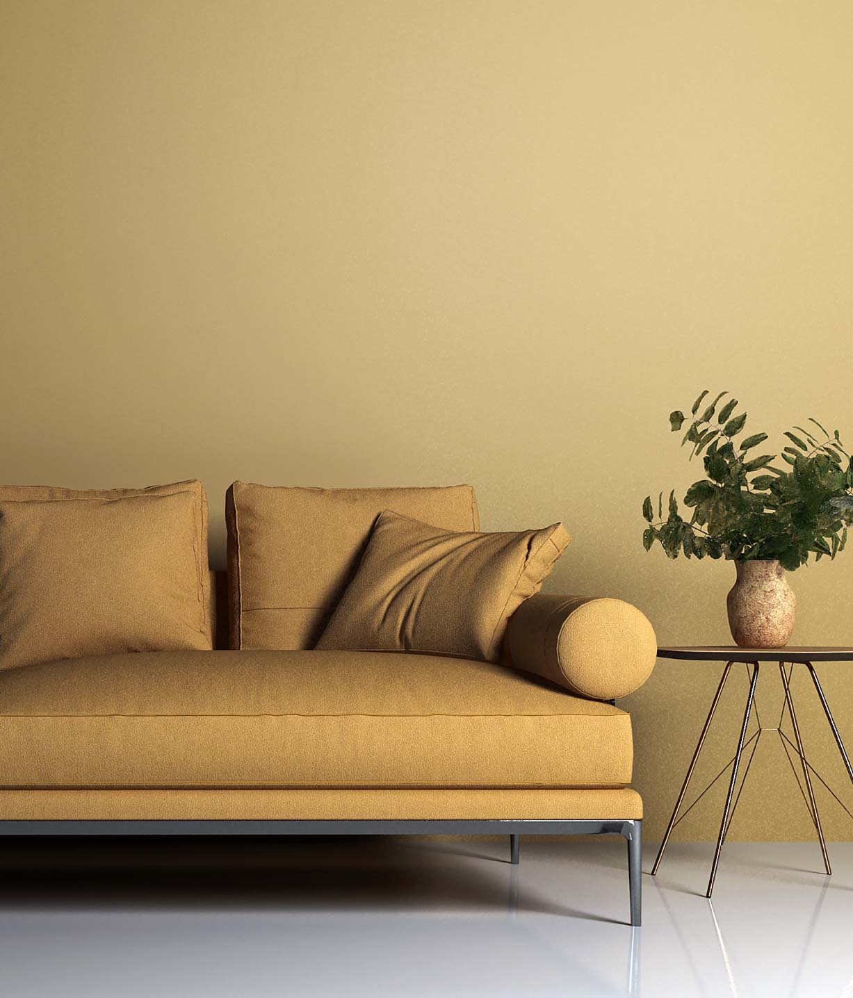 Sofa mit Kissen, Beistelltisch und Vase mit Pflanzen für Smartphone